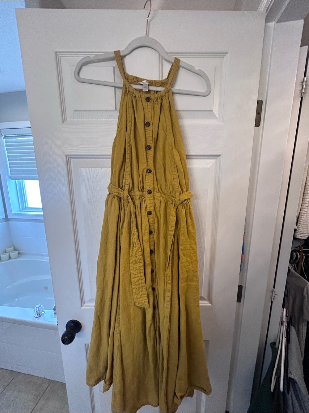 Banana Republic Mustard Yellow Button-Front Linen Halter Maxi